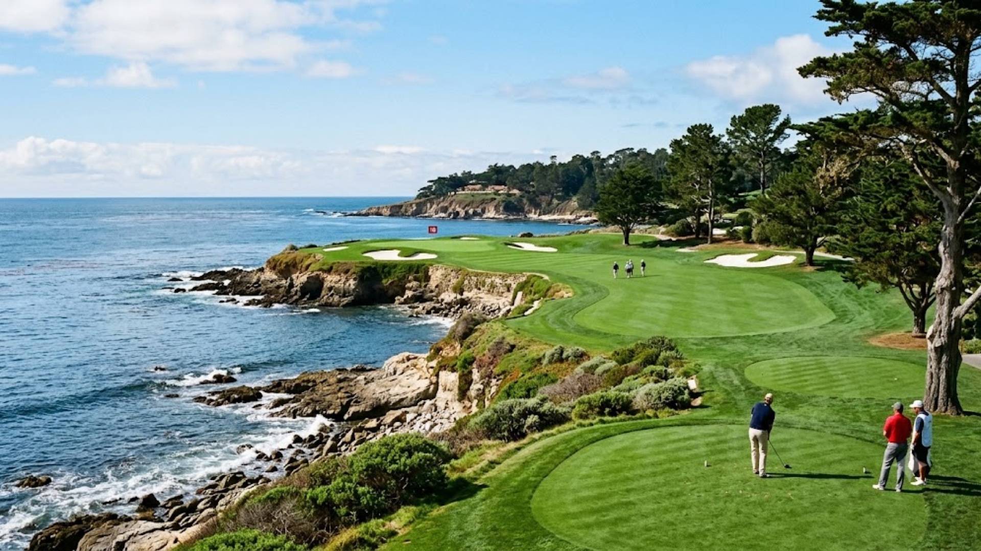 Golfer teeing off on a coastal golf course overlooking the ocean